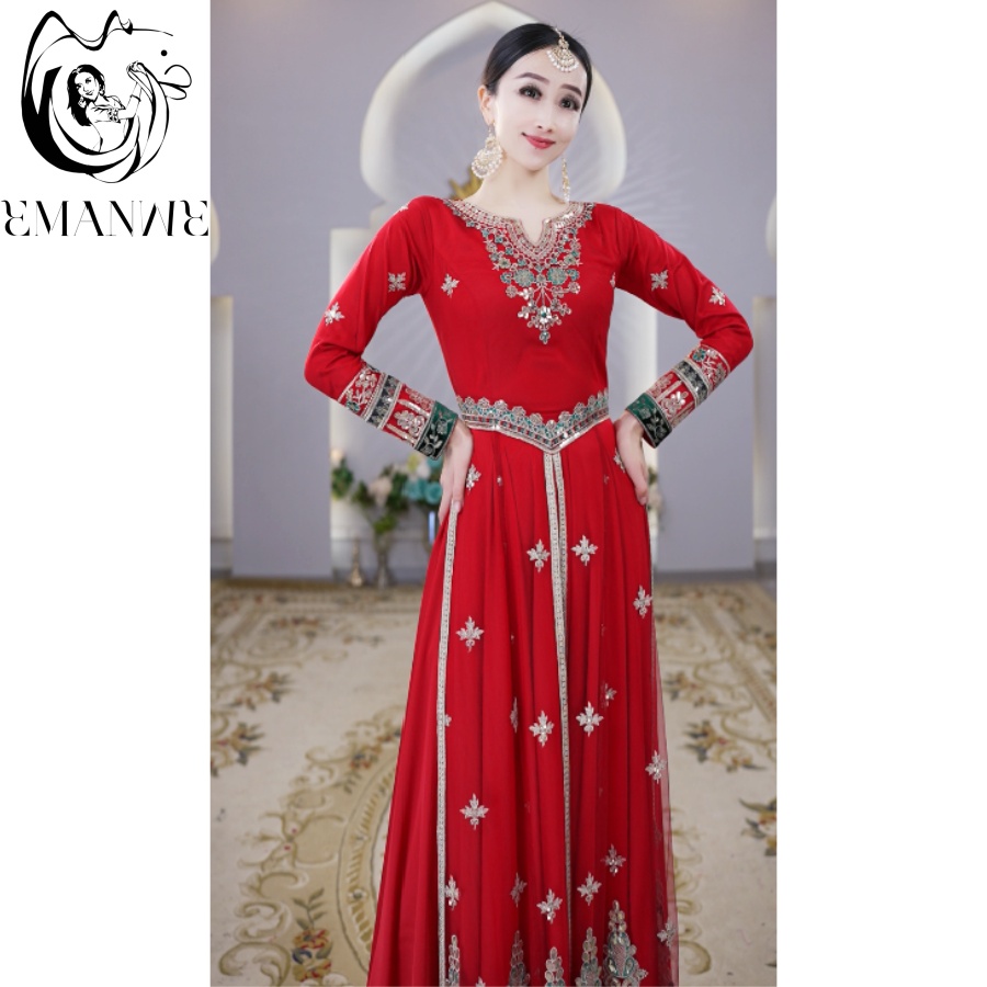 A2698依曼之舞异域风情刺绣连衣裙新疆舞蹈服装大摆跳舞连衣裙