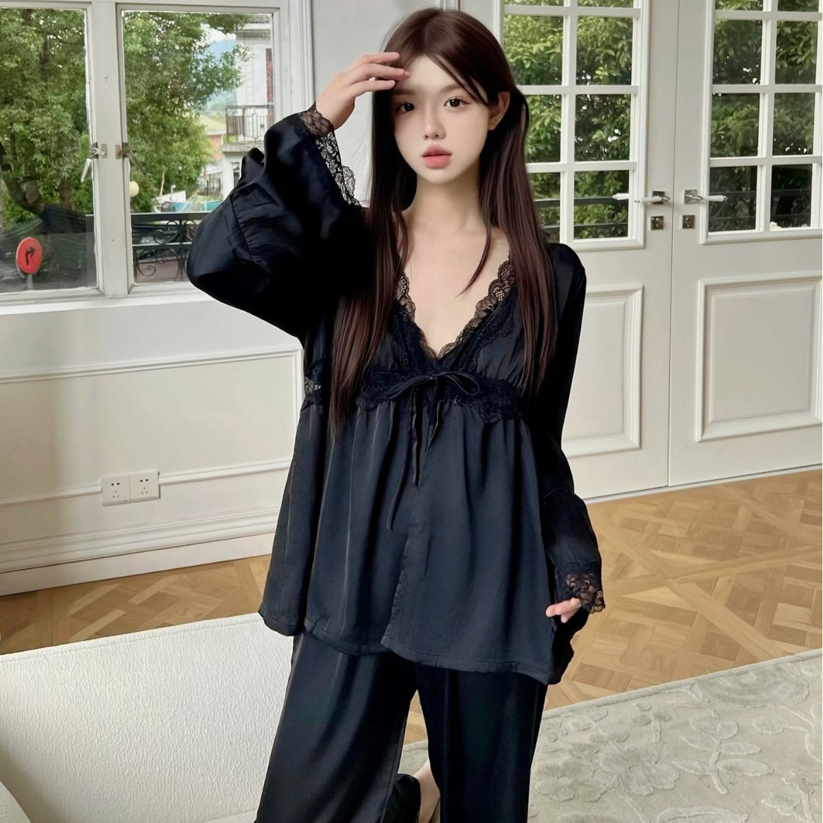 【露丝】带胸垫春季长袖睡衣柳叶丝薄款开衫纯欲风家居服女款显瘦