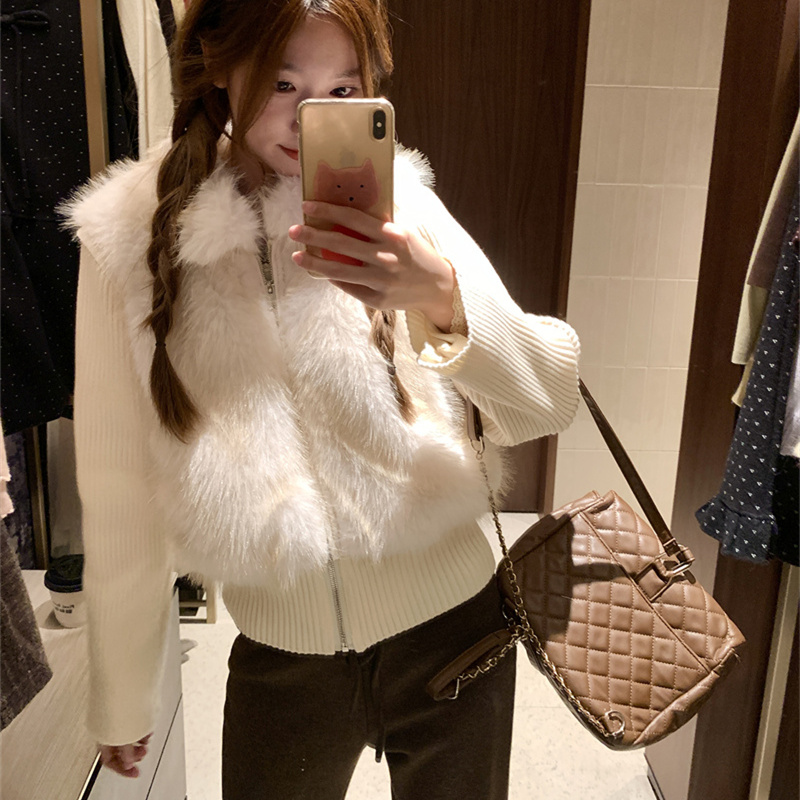 韩系高级感皮草毛毛翻领针织外套女冬季保暖百搭拼接毛