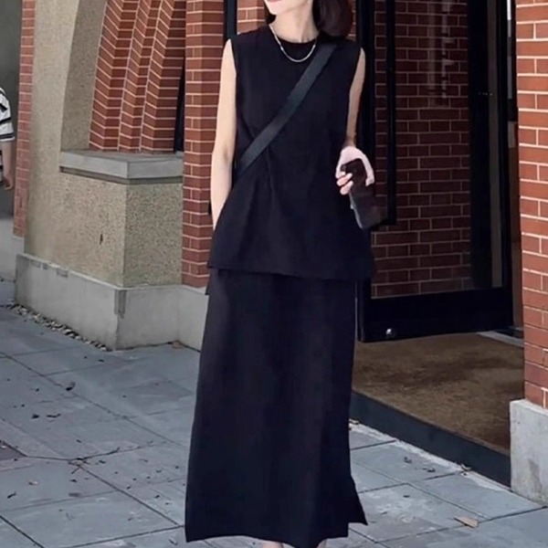 衬衫女高端亚麻套装夏老钱风松弛高级感黑色无袖马甲半身裙两件套