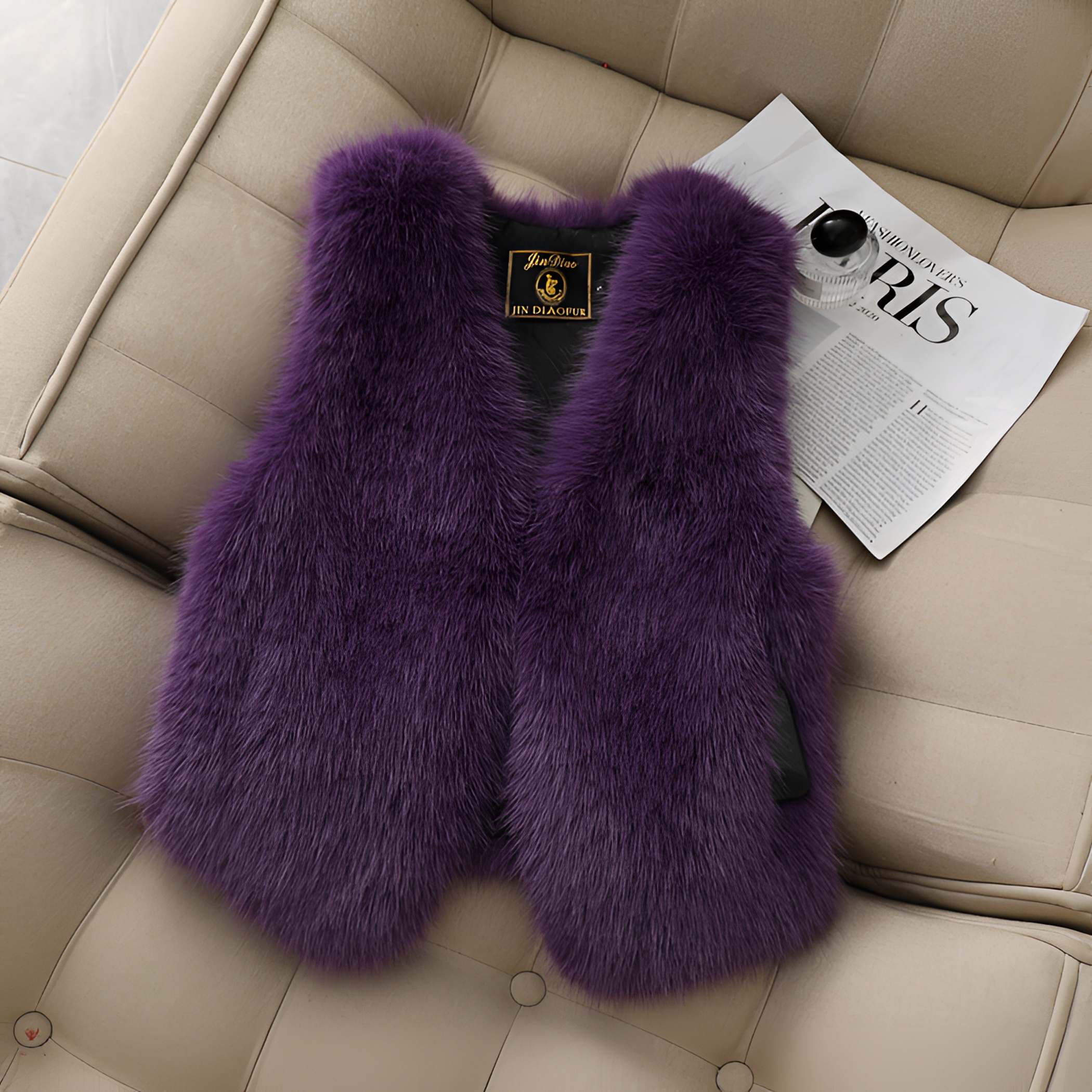 狐狸毛皮草马甲加厚短款显瘦时尚马夹女紫色百搭绒毛外套马甲仿毛