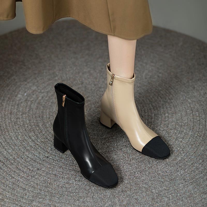 小香风圆头女靴粗跟短靴女秋冬新款拼色弹力高跟侧拉链时装靴