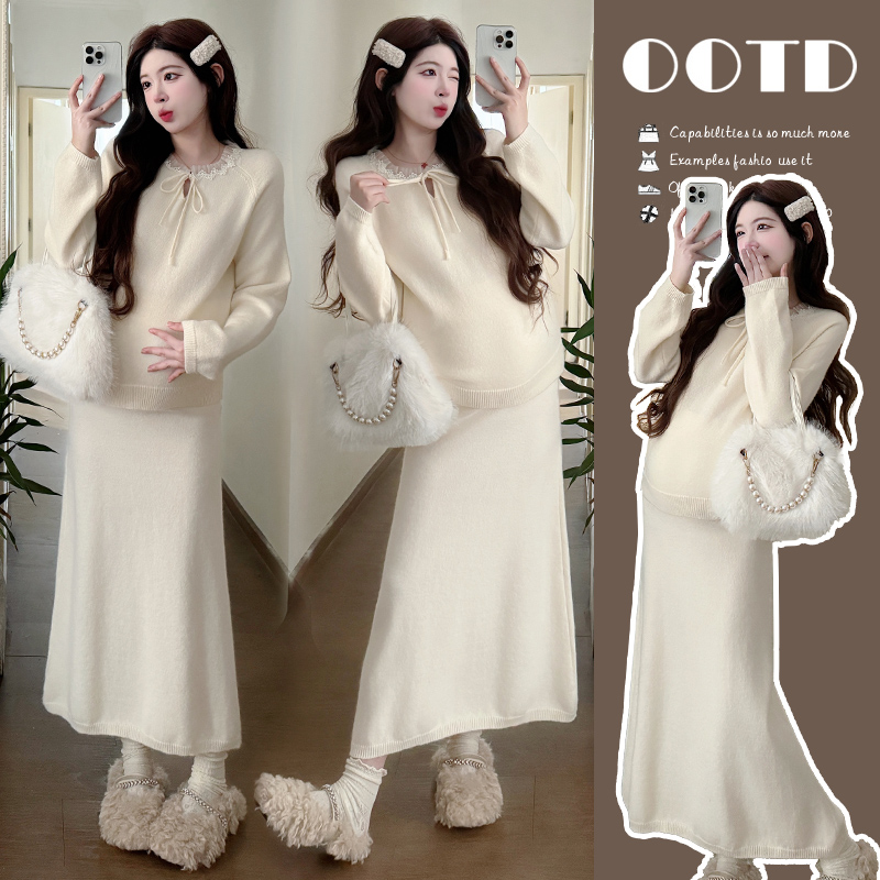 简约舒适宽松慵懒风孕妇显瘦时尚打底中长款针织上衣半身裙两件套