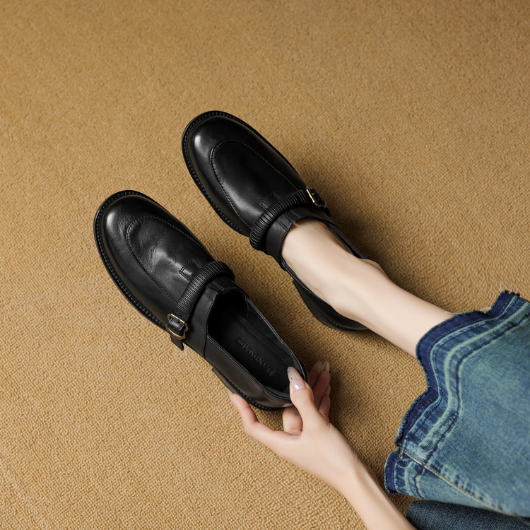 VICEN FIFI3.5cm头层牛皮复古圆头粗跟小皮鞋女百搭一脚蹬乐福鞋