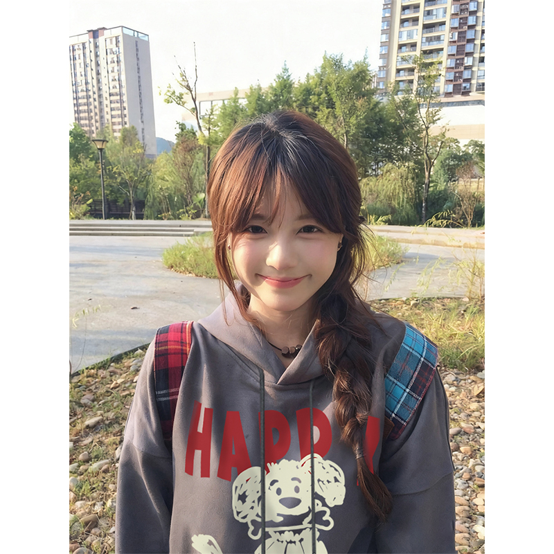 法式时尚连帽卫衣女秋季穿搭狗狗印花重磅帽衫宽松显瘦慵懒风上衣