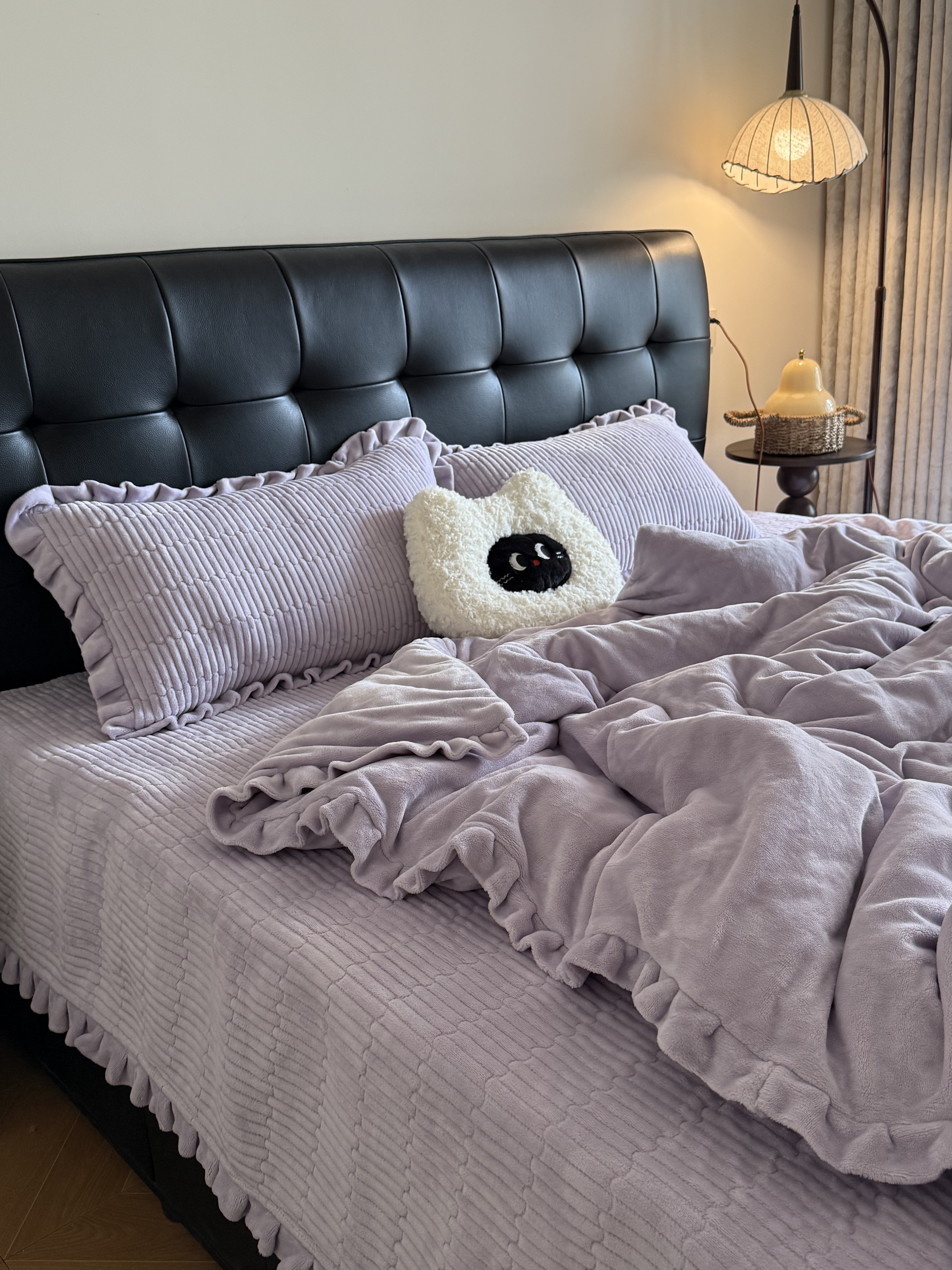 冬季纯色牛奶绒床盖四件套韩版双层花边法式加厚保暖床上用品