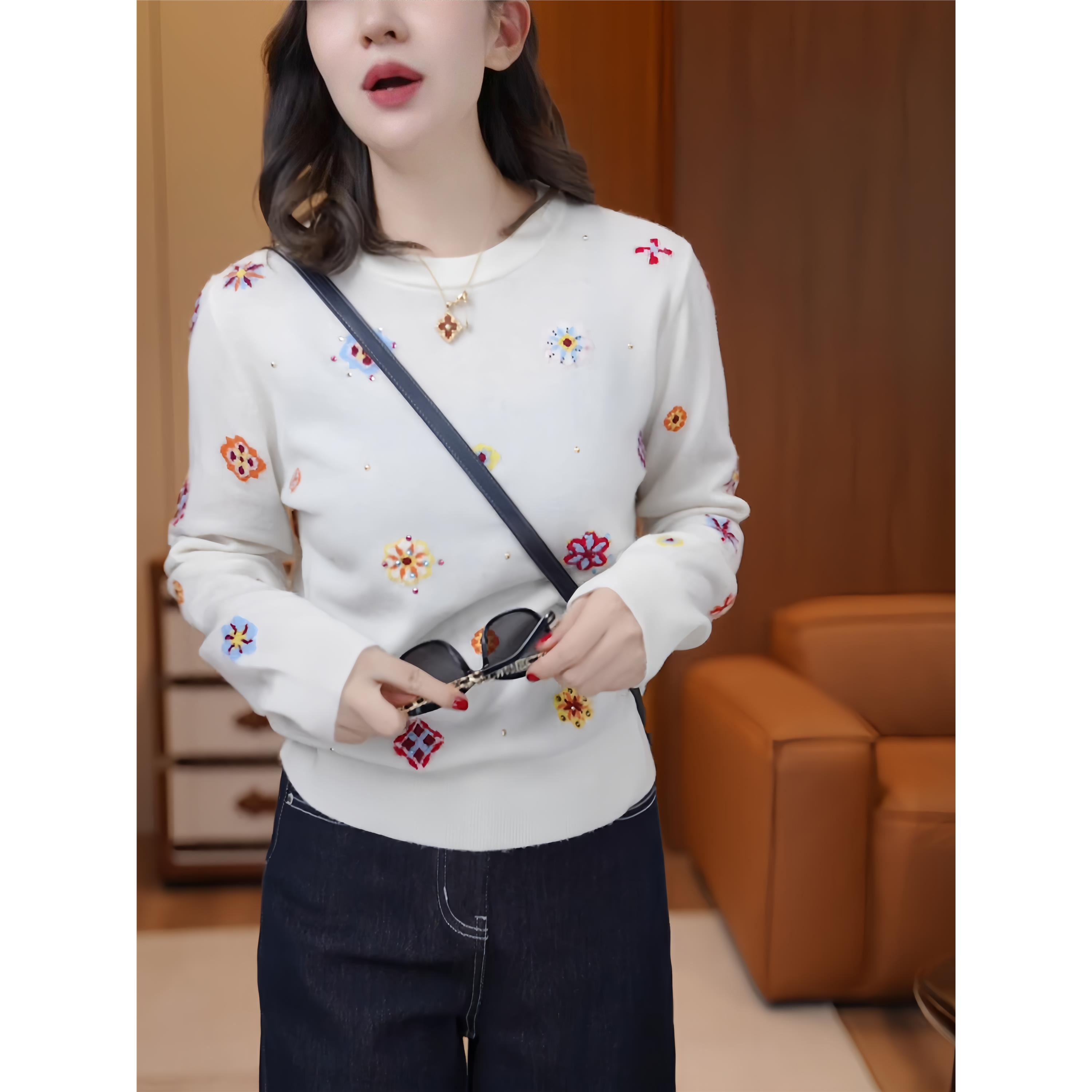 甜美可爱休闲风格早秋冬圆领撞色花朵提花针织毛衣百搭上衣新品女