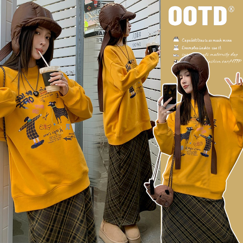 2025新款时尚孕妇装秋季涂鸦孕妇卫衣宽松显瘦半身裙休闲两件套装
