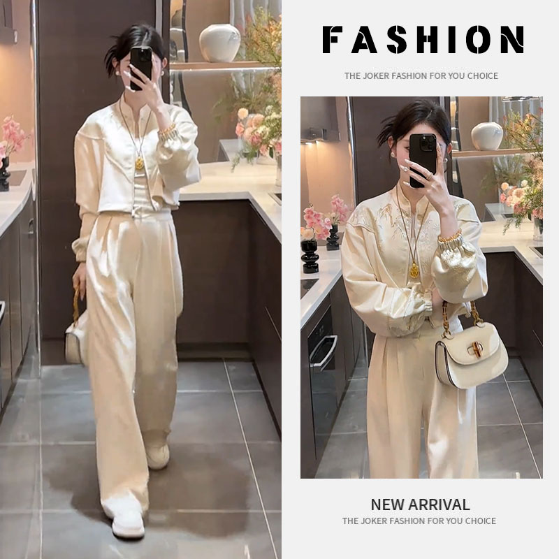 2025早春新款国风复古新中式提花拼接拉链上衣设计感阔腿裤两件套