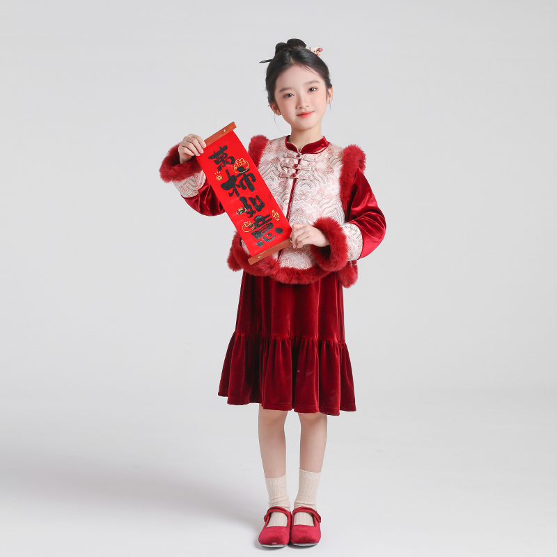 80528女宝冬季新中式国风拜年服套装2025新款女童马甲裙子过年服
