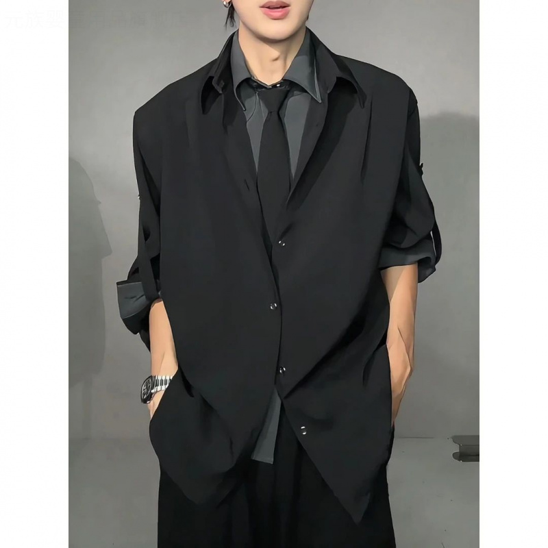 假两件拼接领带设计感衬衫男款早秋季高级感衬衣外套痞帅休闲西装