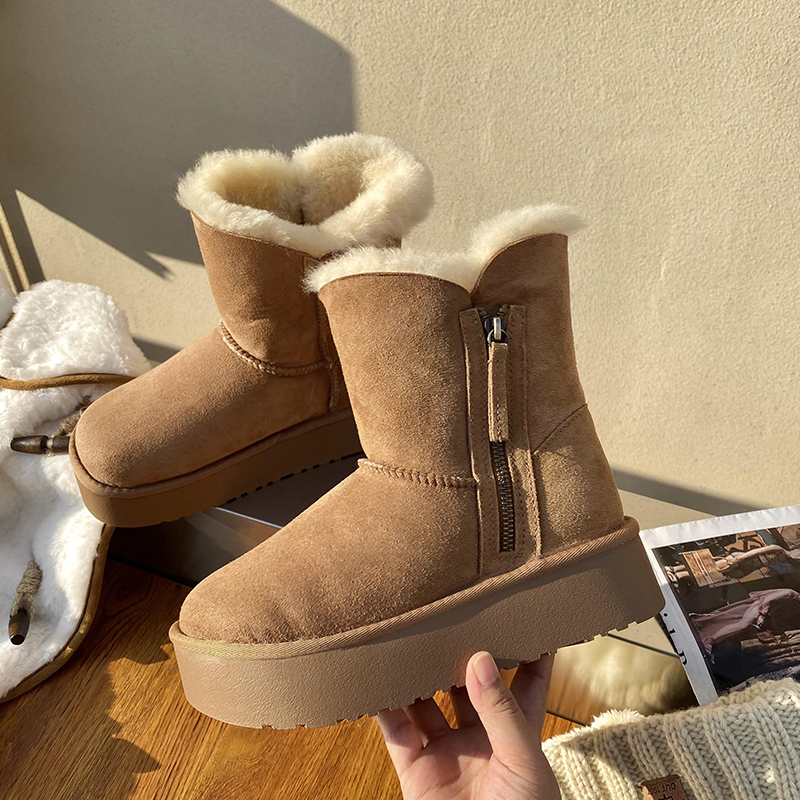 时尚舒适百搭厚底雪地靴女冬季皮毛一体加绒加厚棉鞋拉链东北棉靴