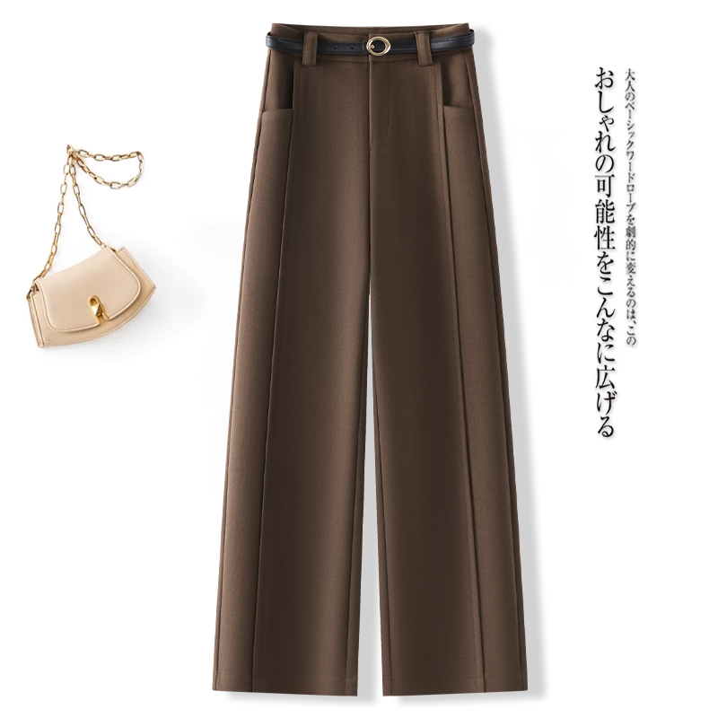 拉夏贝尔咖色新款毛呢阔腿裤女2025秋冬高腰显瘦舒适休闲直筒长裤