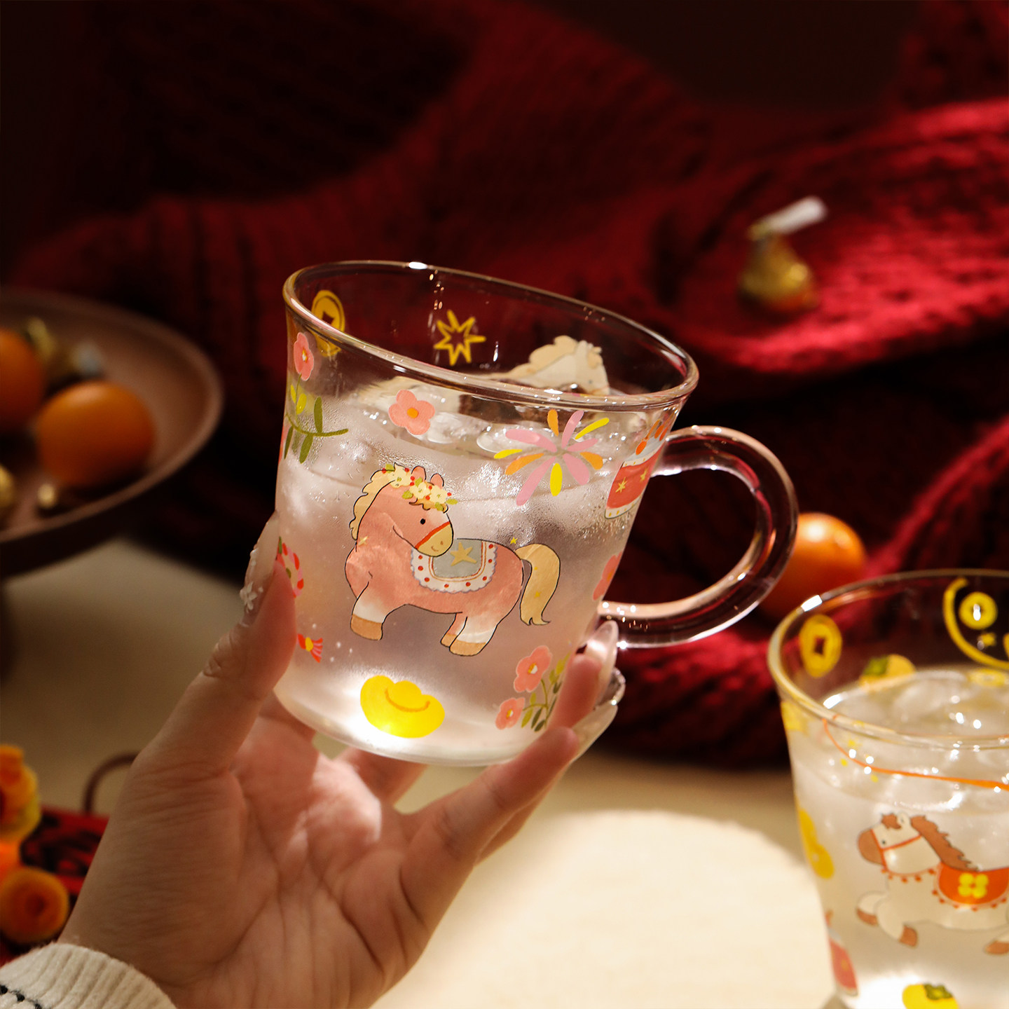 蓝莲花杯子家用喝水杯玻璃马克杯办公室早餐杯冲泡杯漂亮马年茶杯