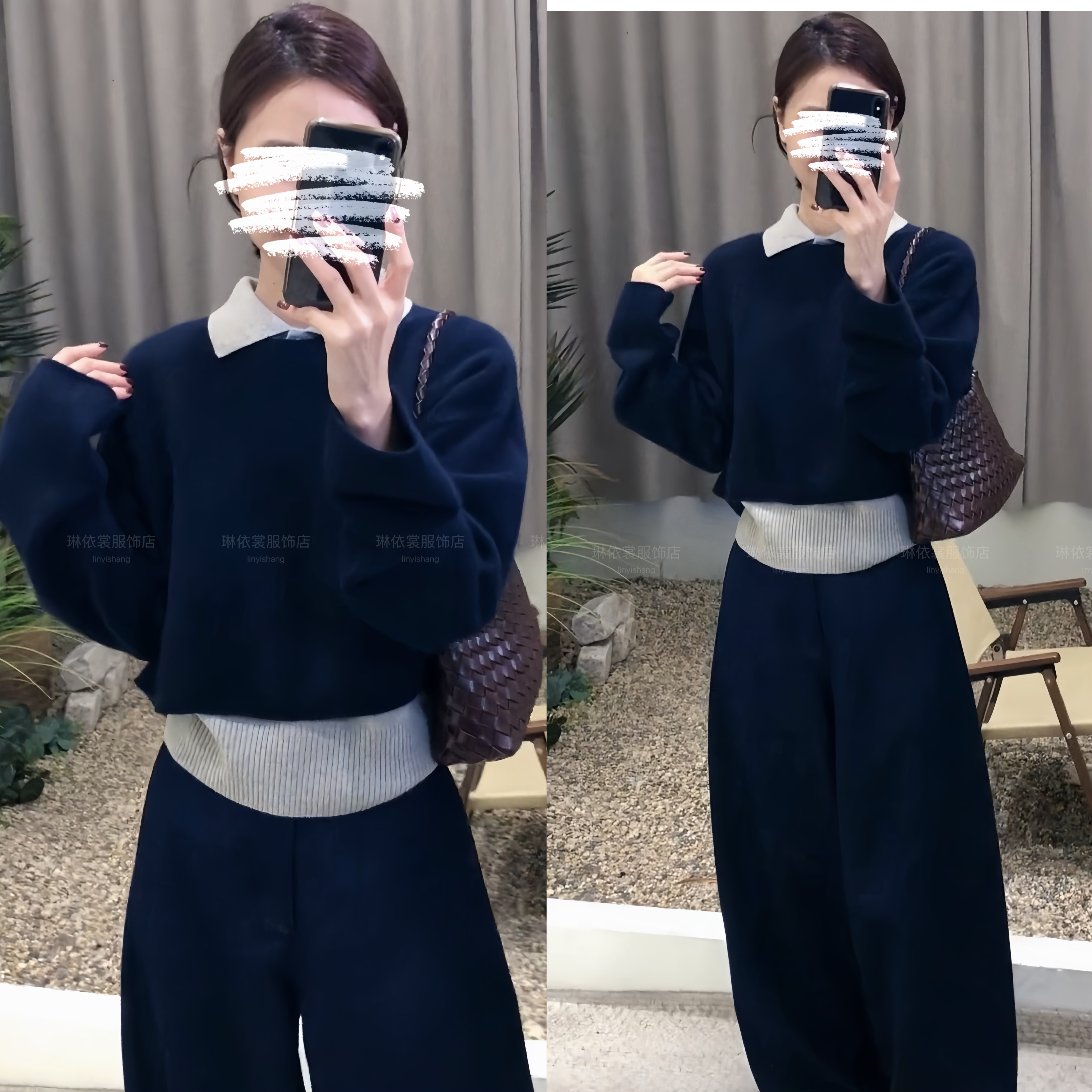 2025秋冬新款懒惰感撞色减龄POLO领上衣背心两件套百搭牛仔裤套装