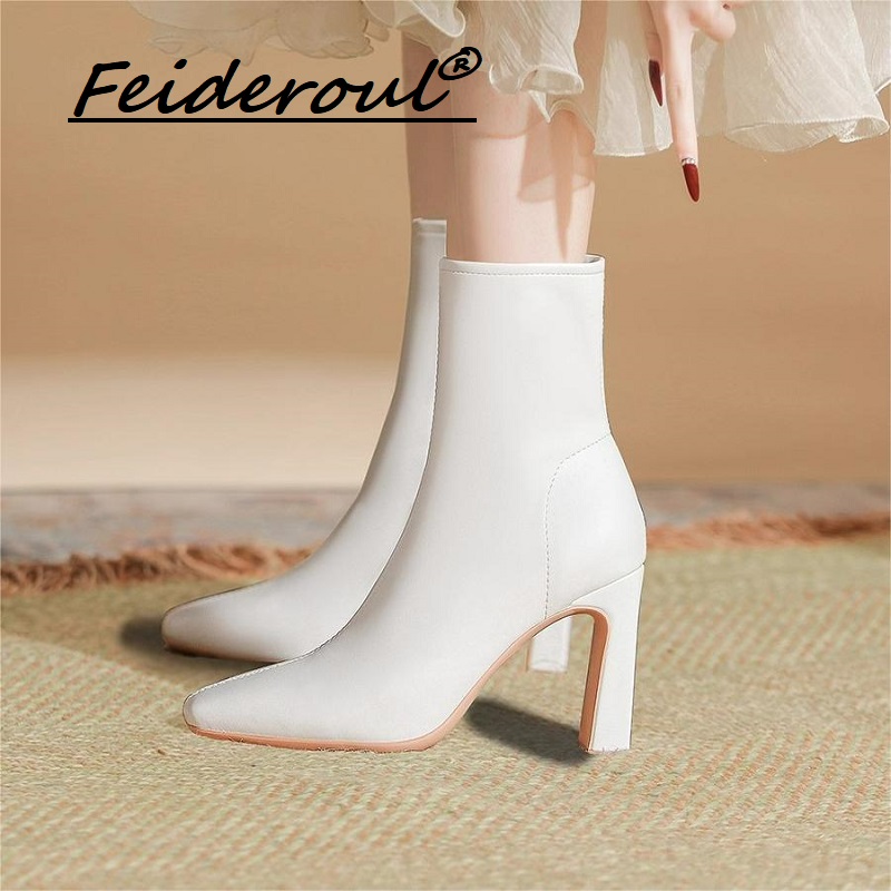Feideroul真皮版~高跟短靴马丁靴2025款洋气白色瘦瘦韩系小踝靴