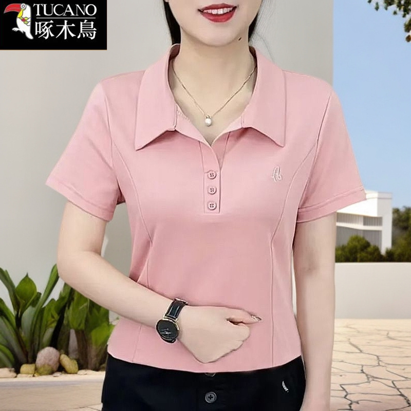 啄木鸟新款POLO领纽扣刺绣设计T恤女2025年夏季韩版气质显瘦上衣