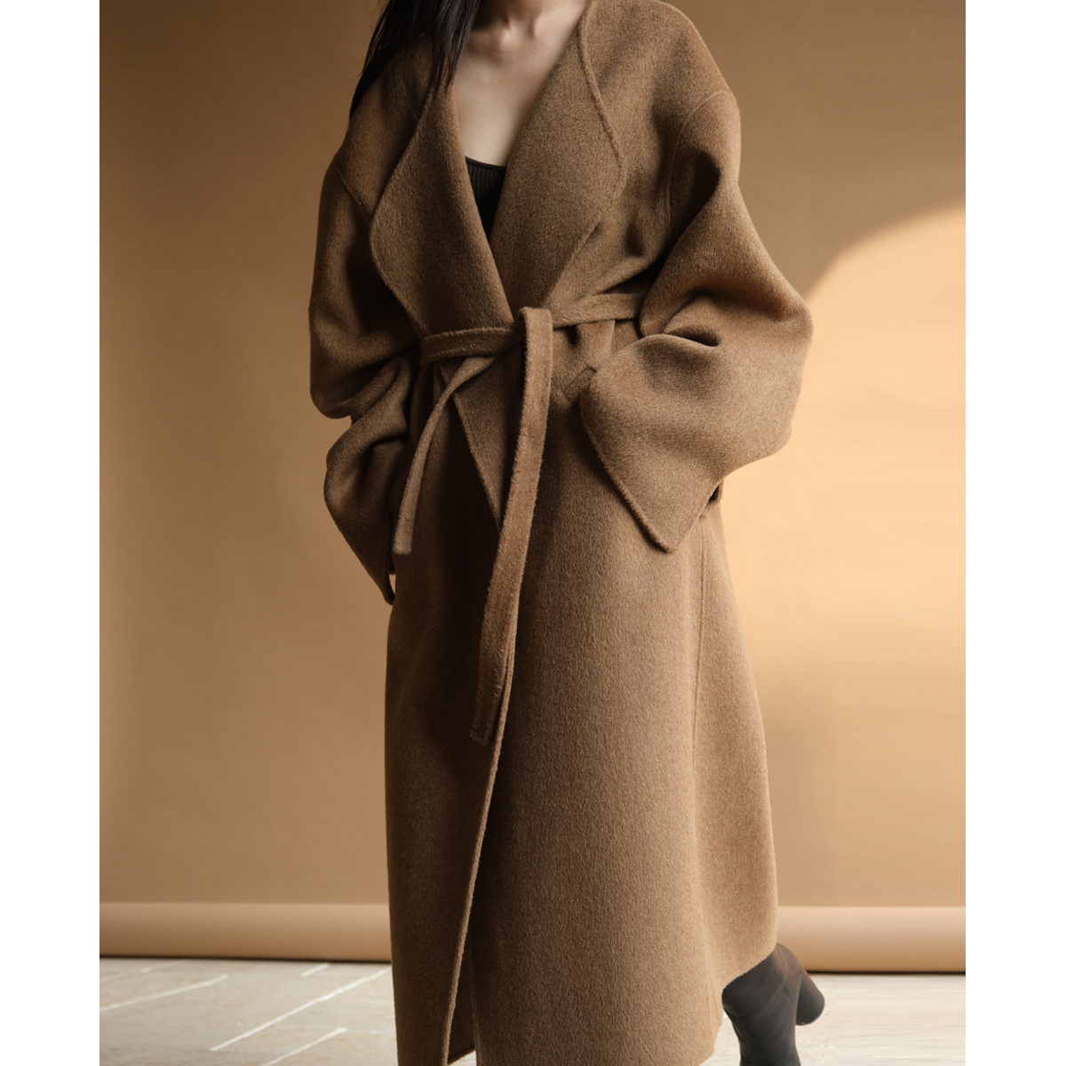 ZUM 复古棕色骆驼绒双面呢大衣女式秋冬斗篷型毛呢外套中长款