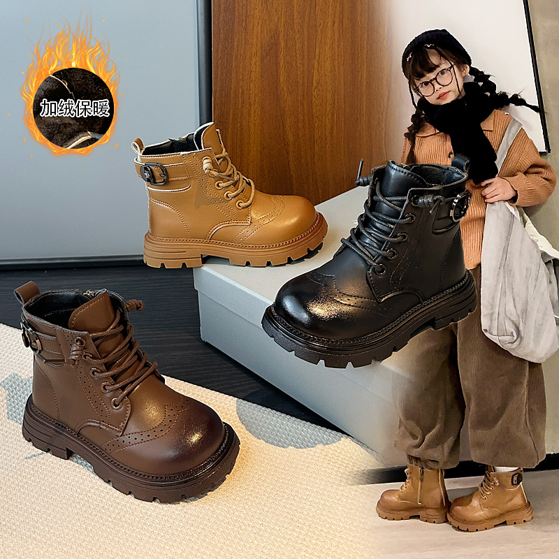 马丁靴洋气时髦女童靴子男童高级感马丁靴2025秋冬加绒保暖棉靴