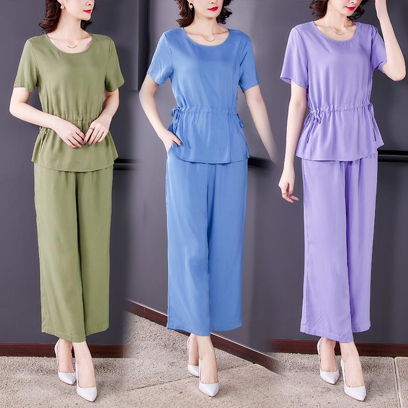 范哲萨棉绸套装女时尚夏装外穿夏人造棉两件套短袖妈妈中年九分裤