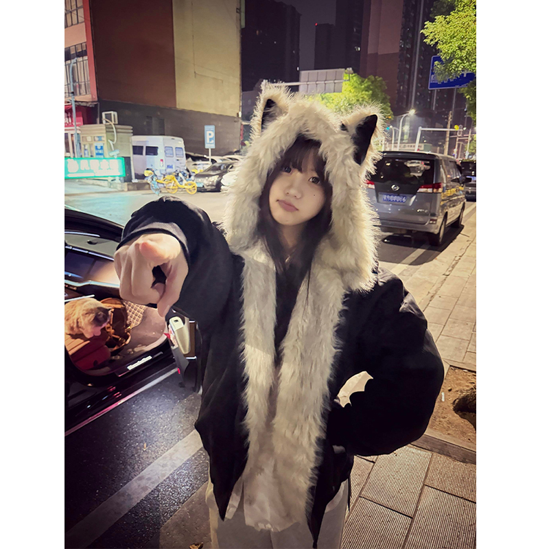 美式复古座山雕猫耳朵连帽棉服男女款秋冬加厚保暖大毛领棉衣外套