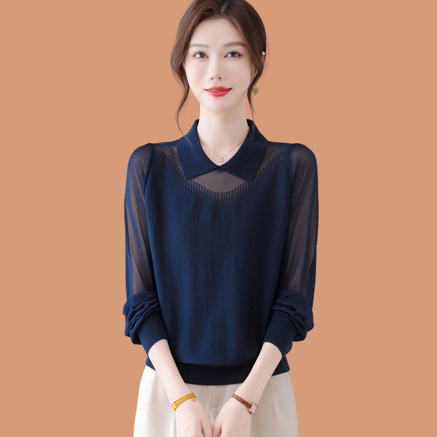 polo翻领毛衣女春秋新款洋气妈妈薄款蕾丝纱袖上衣羊毛针织打底衫