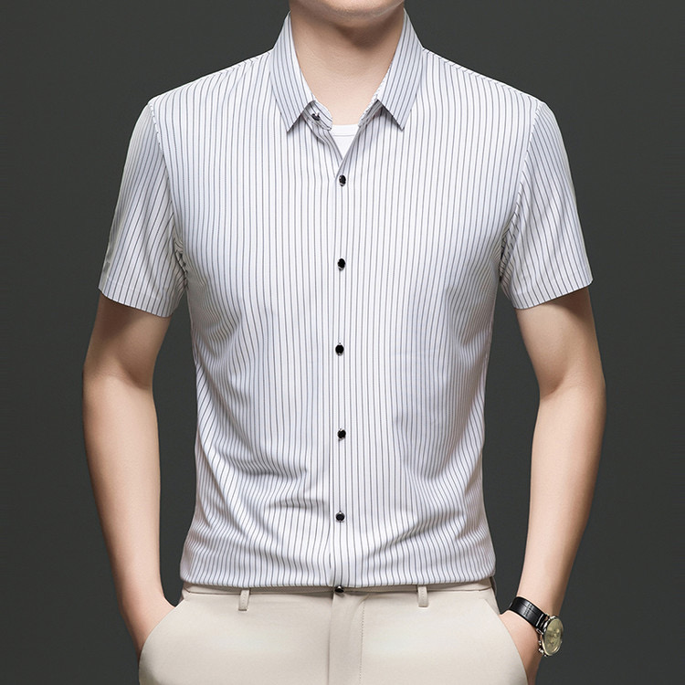 老爷车免烫冰丝短袖衬衫男夏季商务休闲条纹弹力抗皱透气薄款衬衣