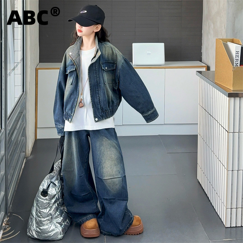 ABC女童春秋装套装2025新款韩版洋气中大儿童外套时髦牛仔裤子两