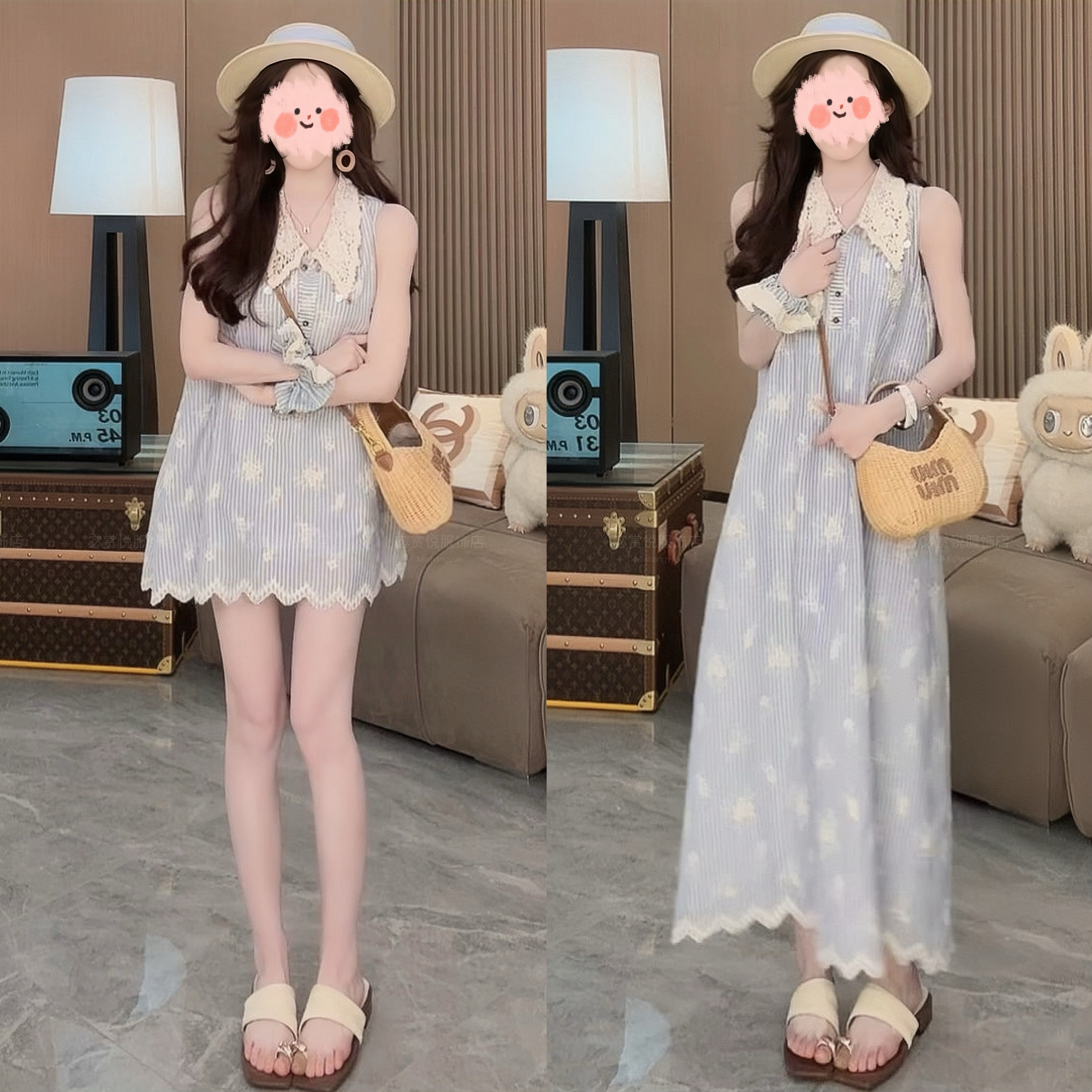 甜美可爱风格衣服2025夏季度假刺绣蕾丝花边领无袖条纹连衣裙显瘦