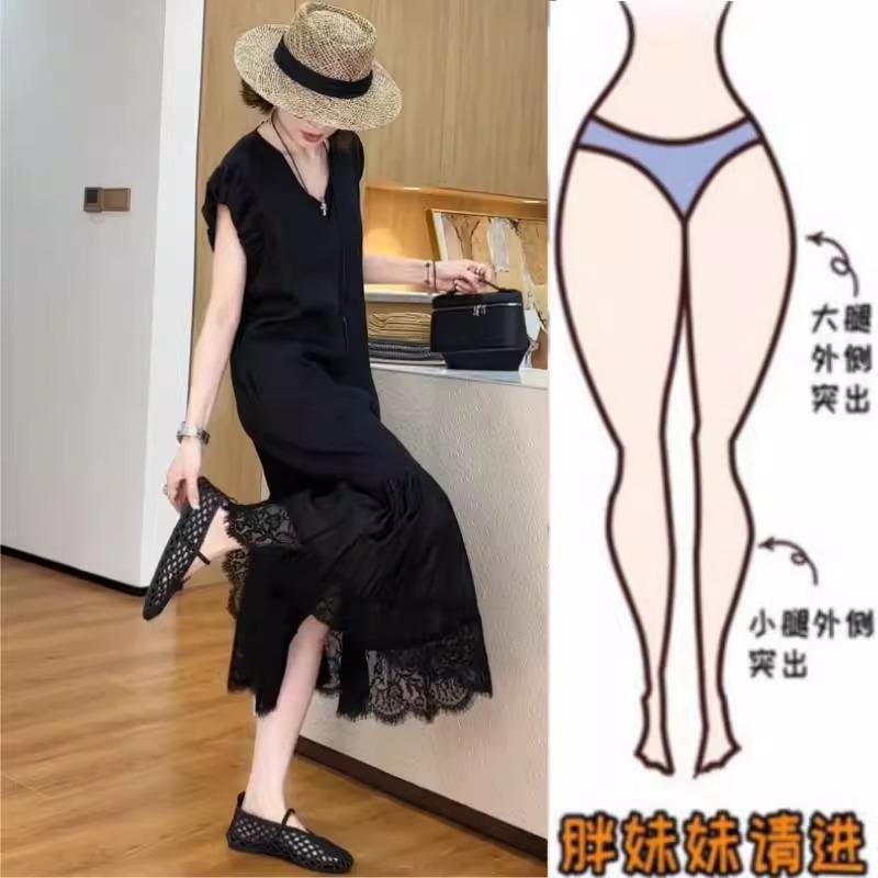 2025法式赫本风黑色蕾丝下摆v领连衣裙夏季气质裙子胖mm遮胯长裙