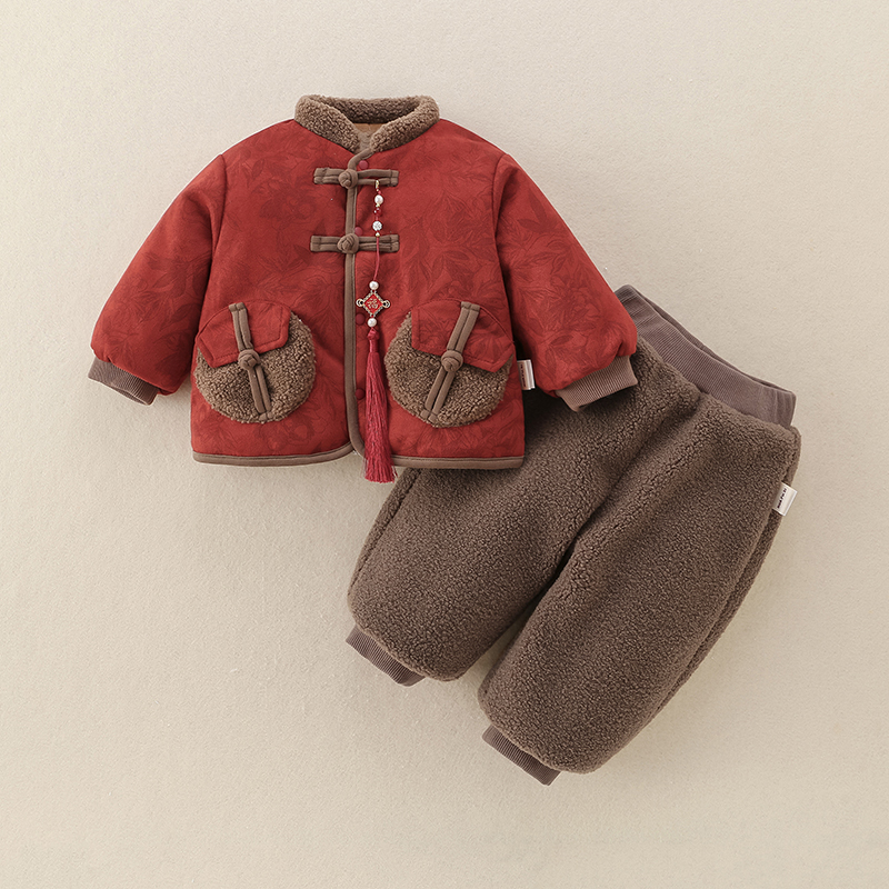 小童加绒套装可爱唐装男宝宝百天抓周礼服加厚冬装外出棉衣两件套