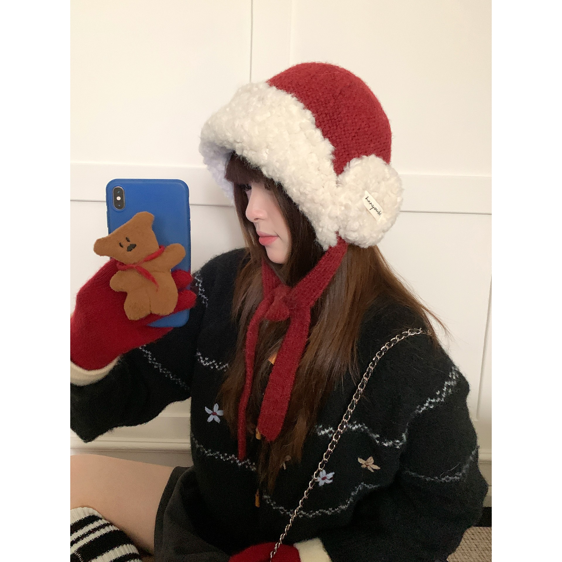 秋冬季毛绒加厚红色护耳毛线帽子女大头围保暖针织帽系带雷锋帽潮