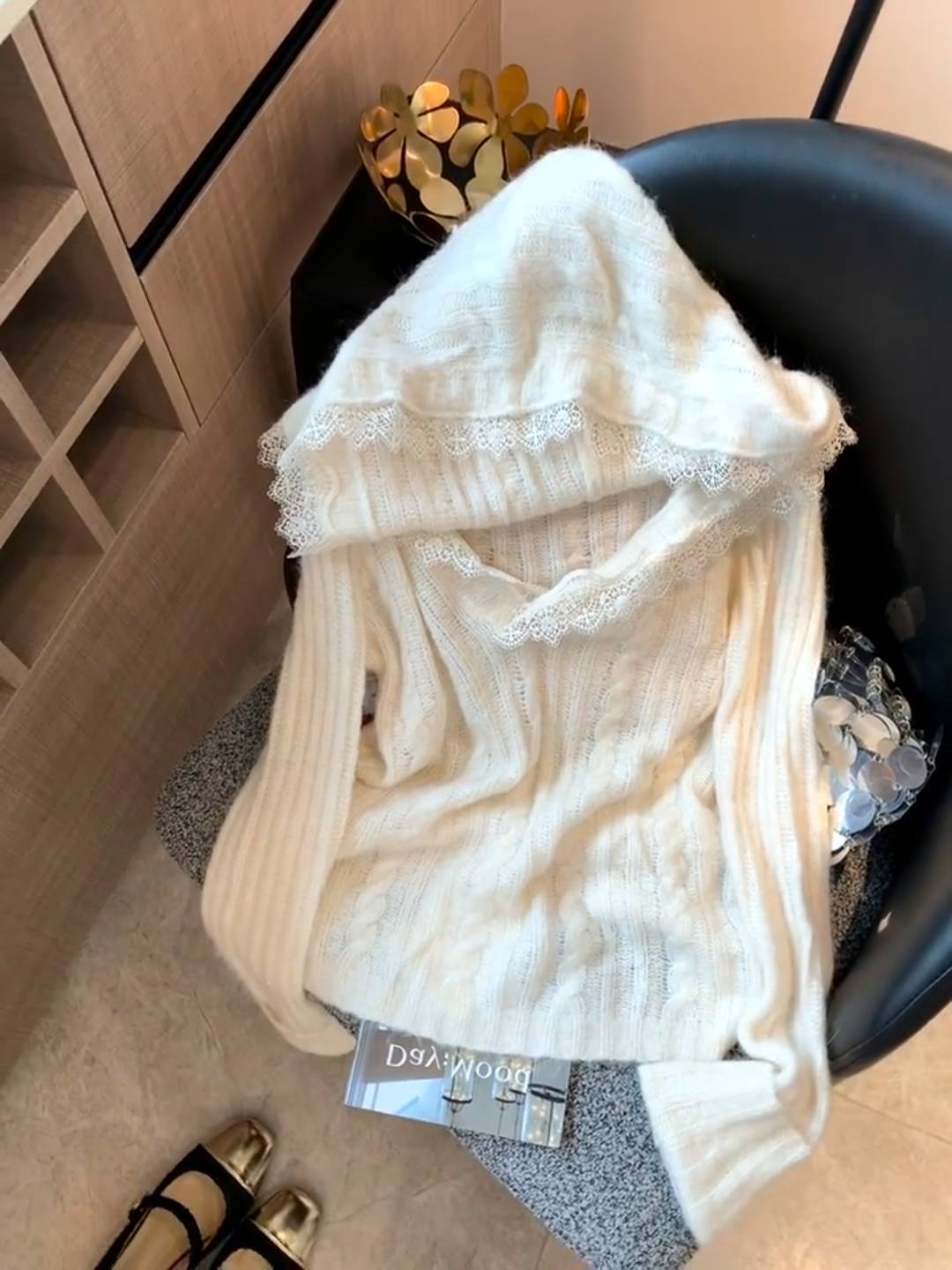 法式蕾丝拼接连帽针织衫女2025年早秋新款慵懒风气质温柔显瘦毛衣