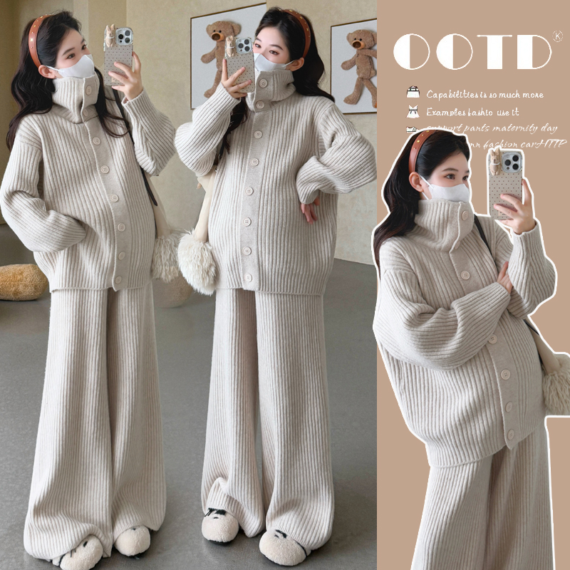 2025秋冬新款孕妇韩版时尚休闲舒适高级感简约针织毛衣阔腿裤套装