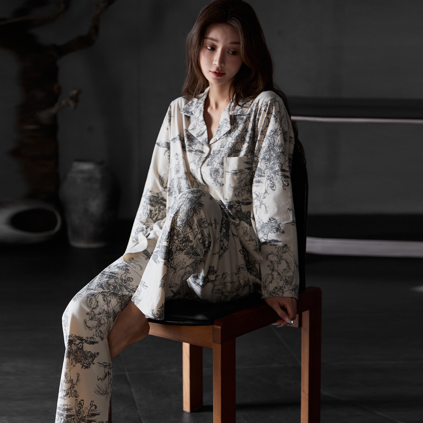 高级感水墨画纯棉睡衣女春秋季开衫长袖宽松女士家居服套装可外穿