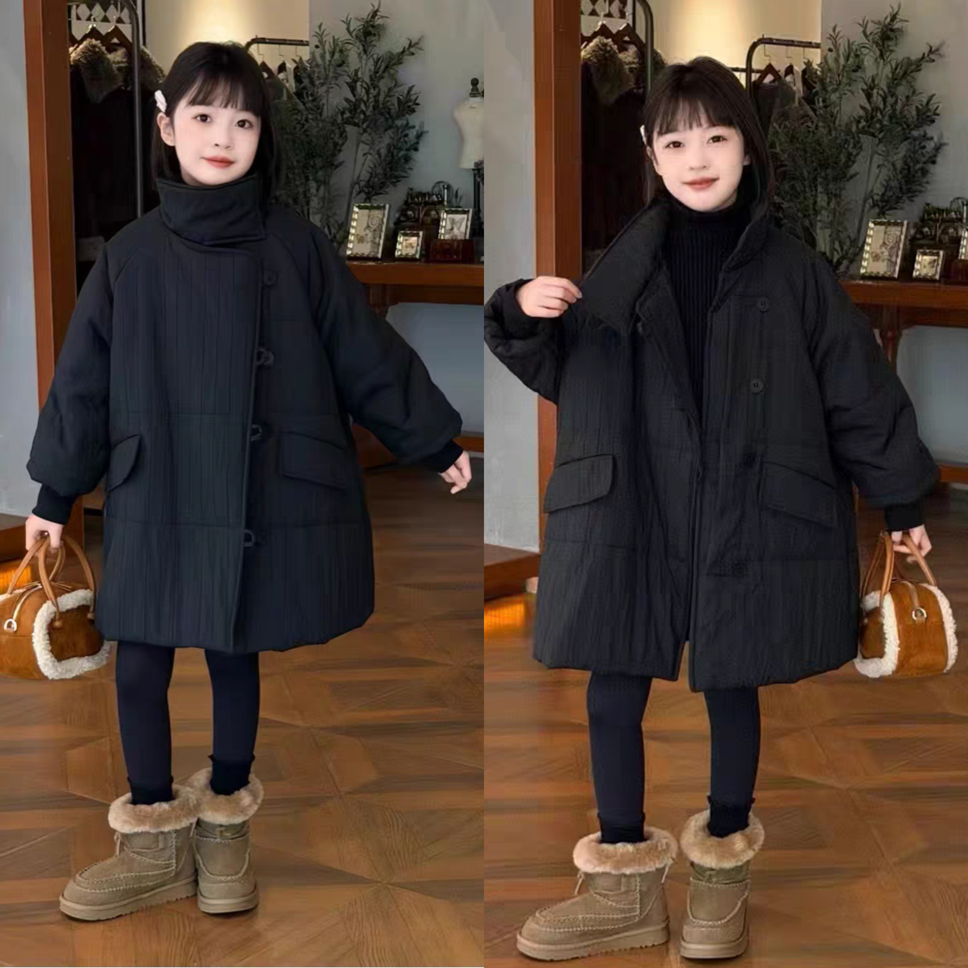 女童外套秋冬装2025新款韩版时尚中长款褶皱棉衣加绒铅笔裤套装潮