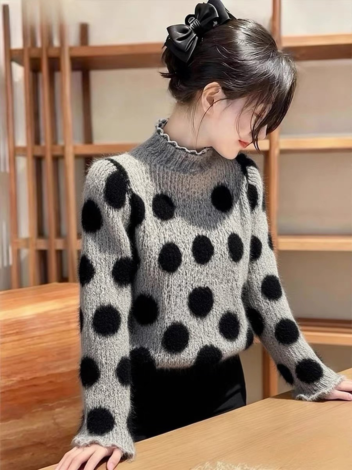 休闲慵懒风灰色波点高领长袖毛衣针织衫女秋冬款洋气百搭套头小衫