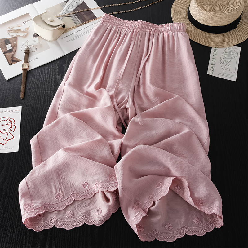 拉夏贝尔粉色阔腿裤女夏季薄款2025新款流行松紧腰刺绣花边直筒裤