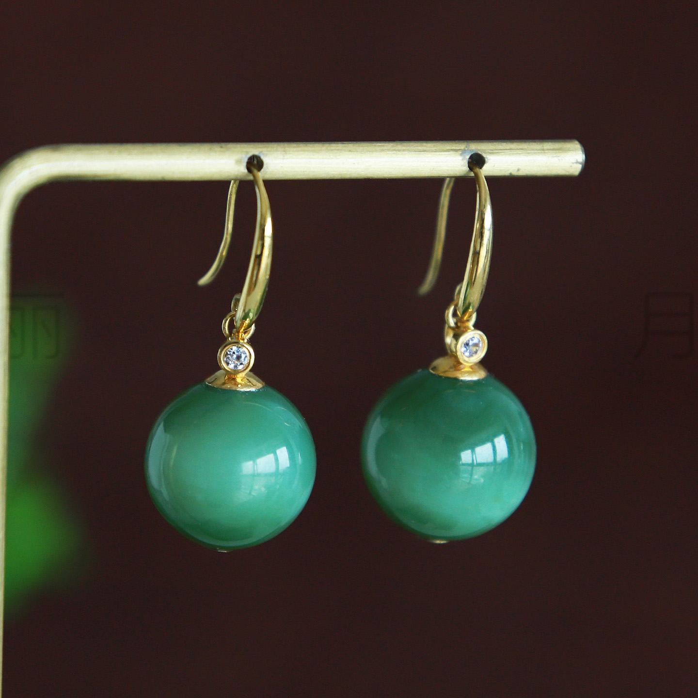 月丽金镶碧玉猫眼圆珠耳坠 时尚灵动14mm大颗粒圆珠耳环 时尚大气