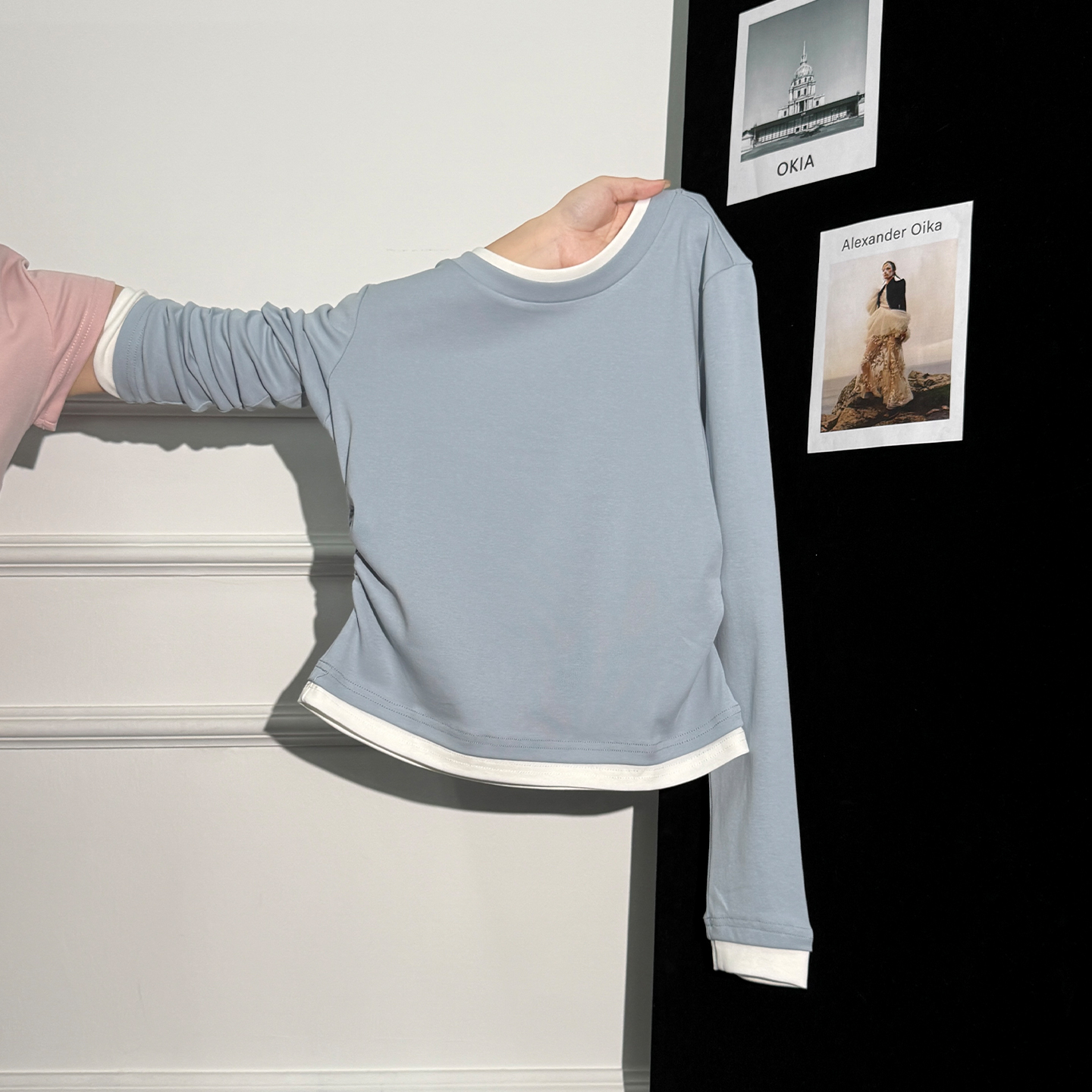 韩系chic撞色假两件修身显瘦长袖t恤女氛围穿搭百搭设计感上衣春