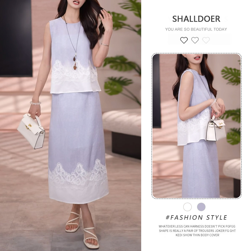 时尚气质拼接蕾丝上衣高腰半身裙两件套女士2025夏季新款法式套装