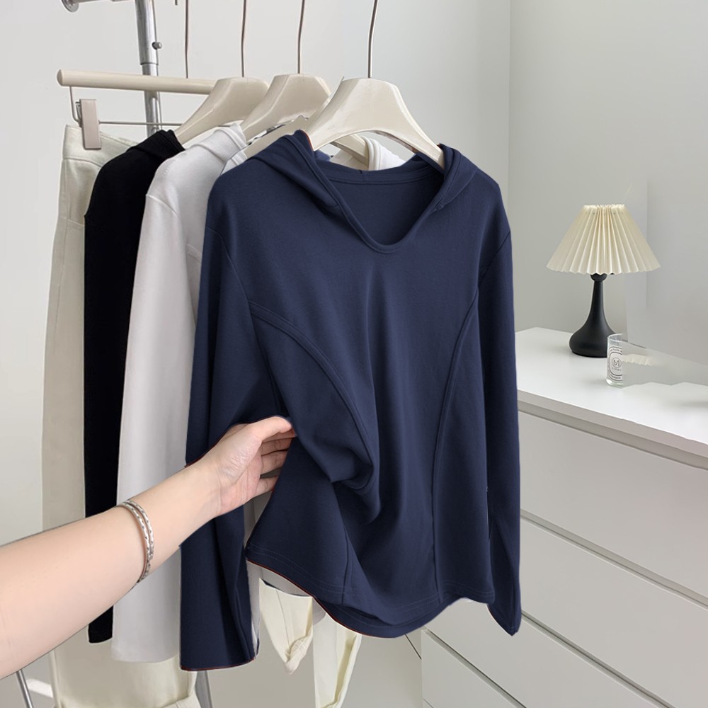 秋季新款鱼骨设计感连帽长袖t恤女显瘦宽松休闲百搭洋气高贵上衣