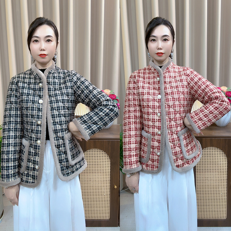 洋气格子休闲宽松加绒加厚秋冬立领中老年极简风时尚短款棉衣外套