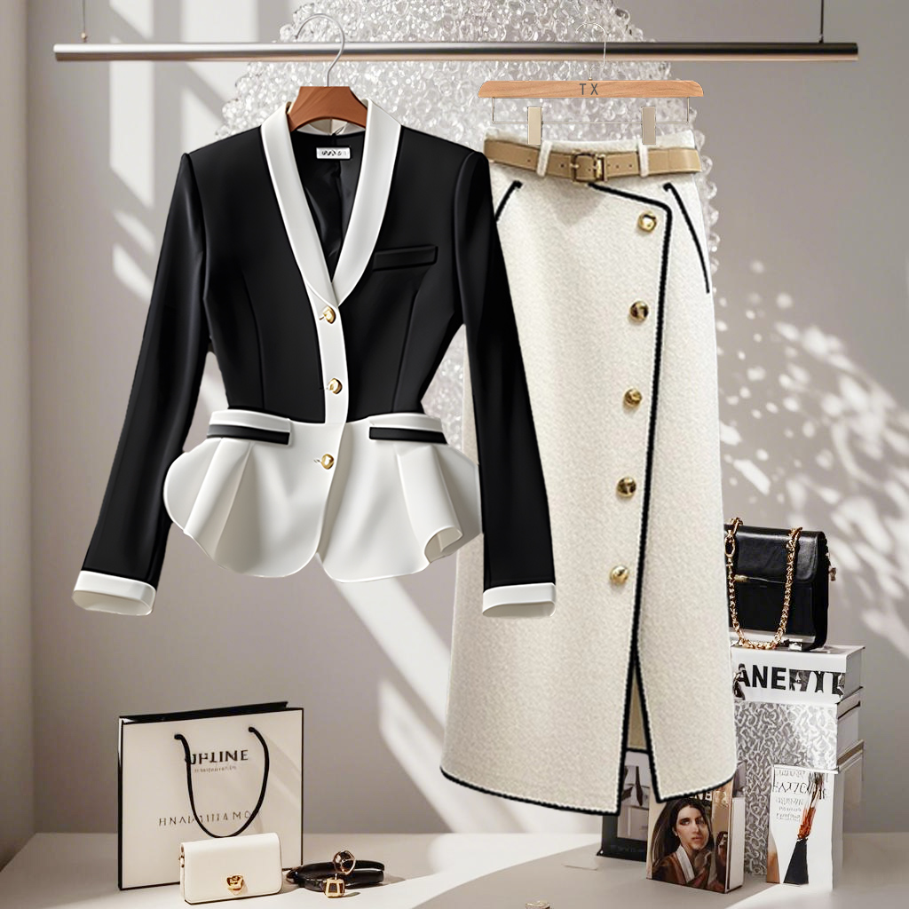 今年秋冬新款轻奢职场设计感一整套黑白拼接衬衫女百搭直筒半身裙