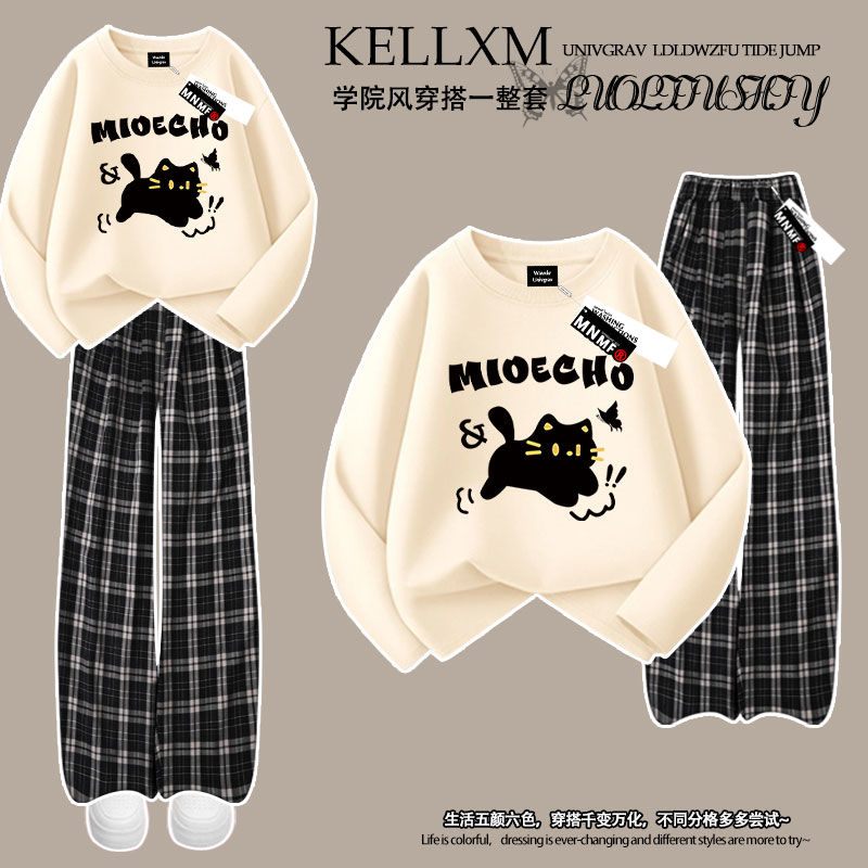 女童春秋季100%纯棉潮流卡通小黑猫咪印花t恤长袖格子裤套装百搭
