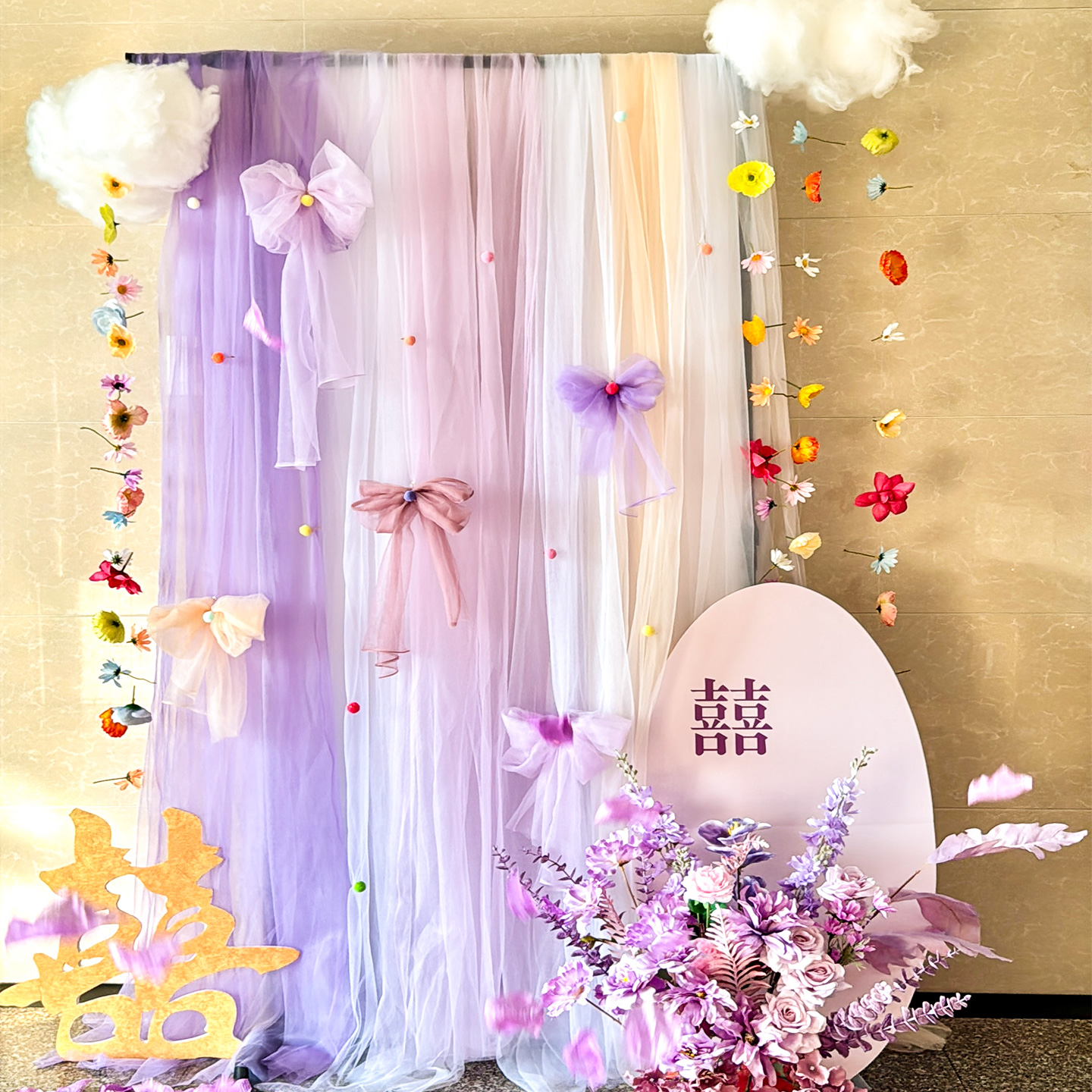 生日布置多巴胺纱幔支架创意婚房布置晨袍拍照背景区户外婚礼派对