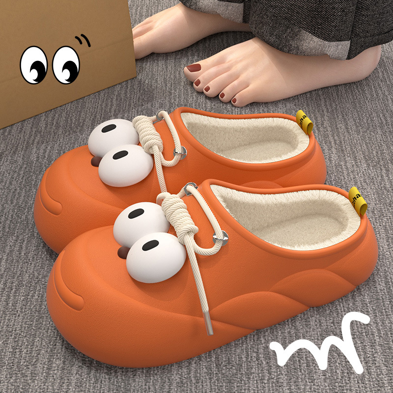 卡通大眼仔洞洞鞋女士秋冬季居家居厚底外穿包头棉拖鞋踩屎感保暖