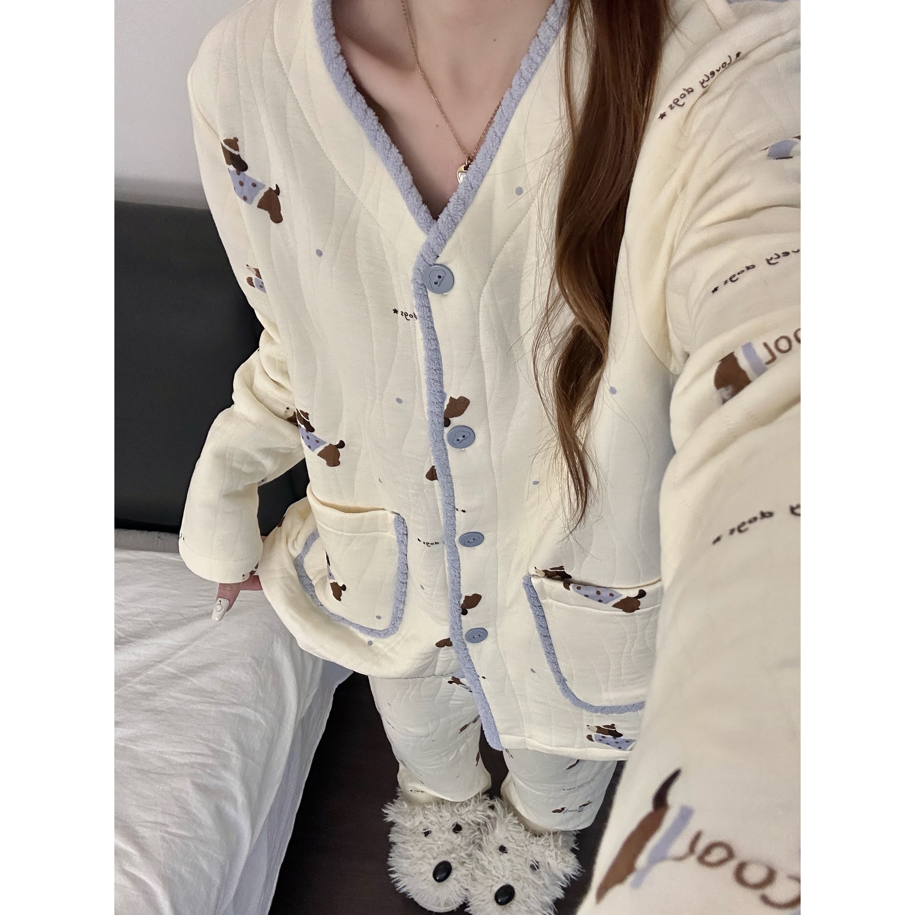 韩系可爱卡通腊肠狗空气棉睡衣女秋冬季新款加厚保暖家居服两件套