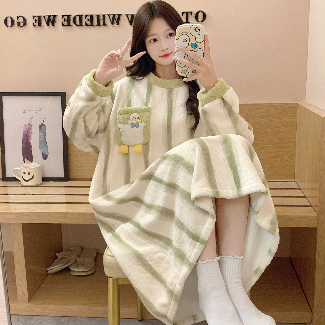 珊瑚绒睡衣女款秋冬季加厚加绒法兰绒卡通2025新款长袖睡裙家居服