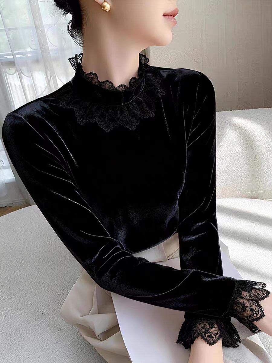新中式国风黑色蕾丝拼接立领丝绒衬衫高级感轻奢叠穿内搭上衣秋冬